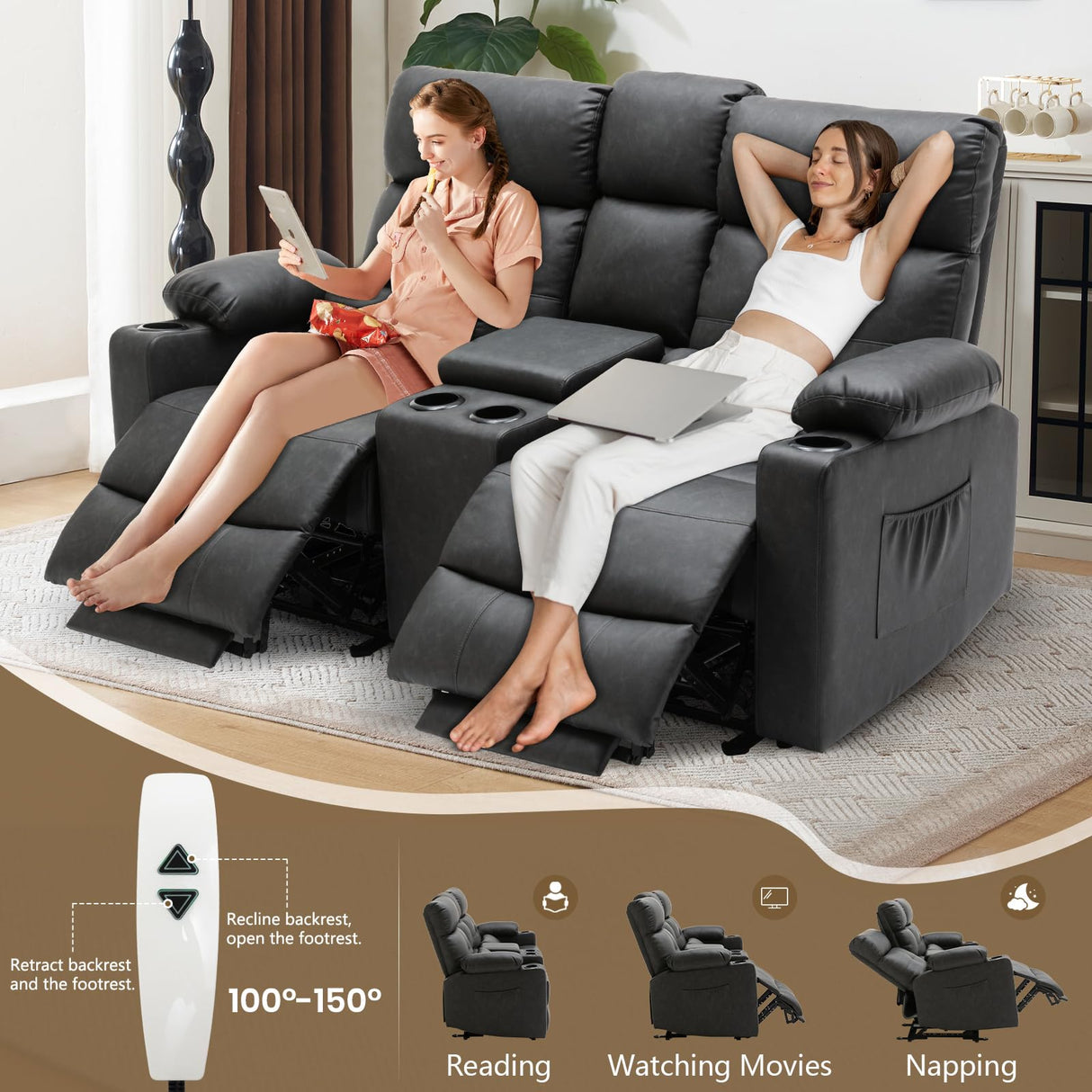 PALLOME Power Loveseat Recliner Sofa with Console, Loveseat Reclining Sofa with Heat & Massage, Home Theater Seating with Lumbar Pillow for Living Room, RV Recliner Loveseat (PU, Dark Gray) PALLOME