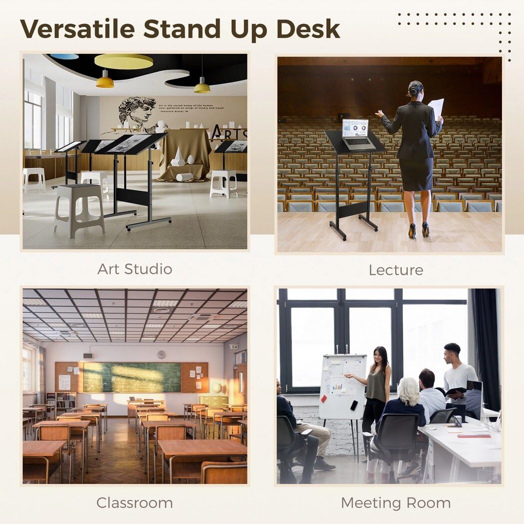 Joyoolife Mobile Podium Stand, Adjustable Standing Desk with Caster Wheels, Adjustable Height & 360° Swivel Desktop, Versatile Podium Laptop Desk Stand Up Desk Easel Presentation Lectern Joyoolife