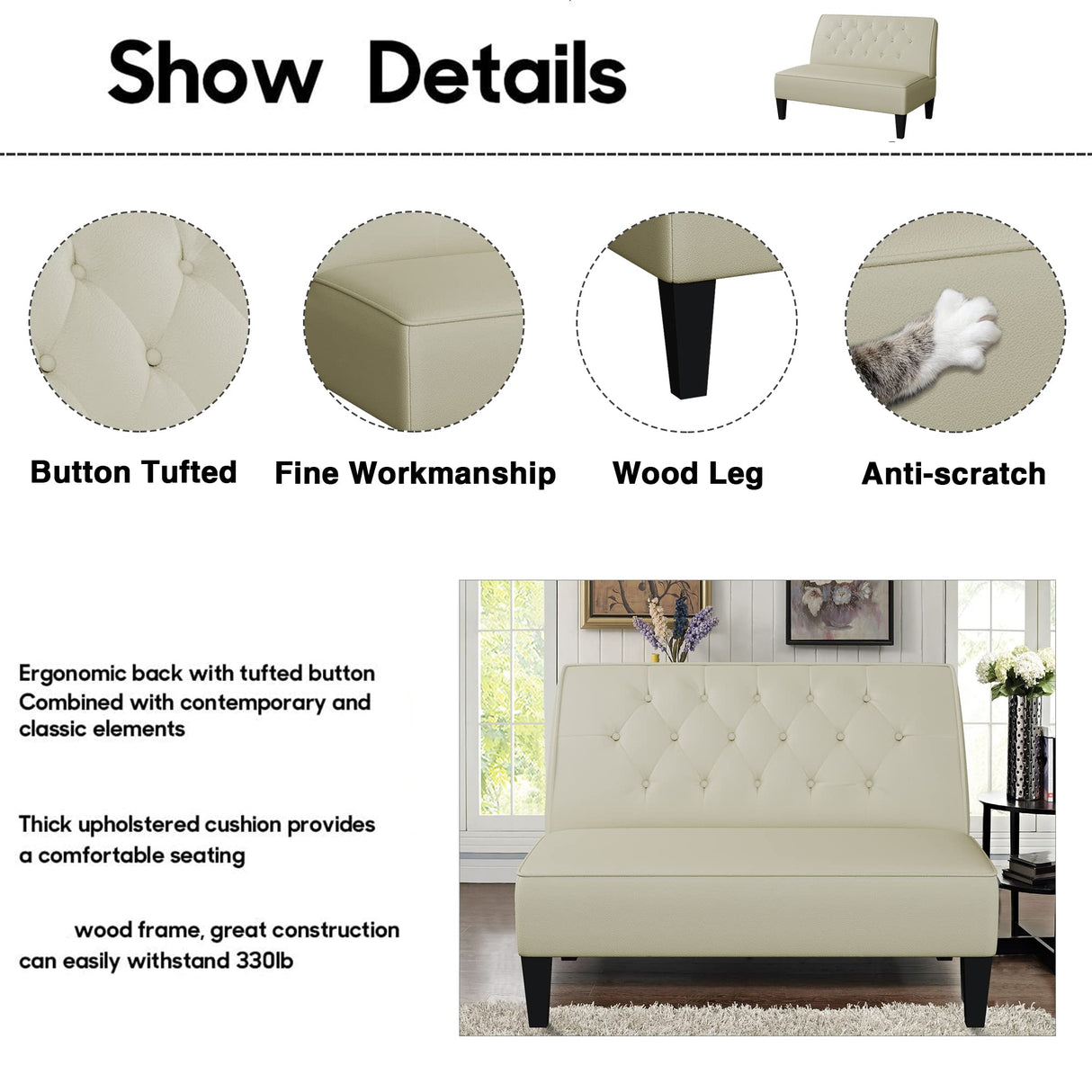 Alunaune Upholstered Loveseat Bench Couch for Bedroom, Modern Anti Scratch Cushioned Armless Settee Small Love Seat Sofa Faux Leather Living Room Couch-Beige Alunaune