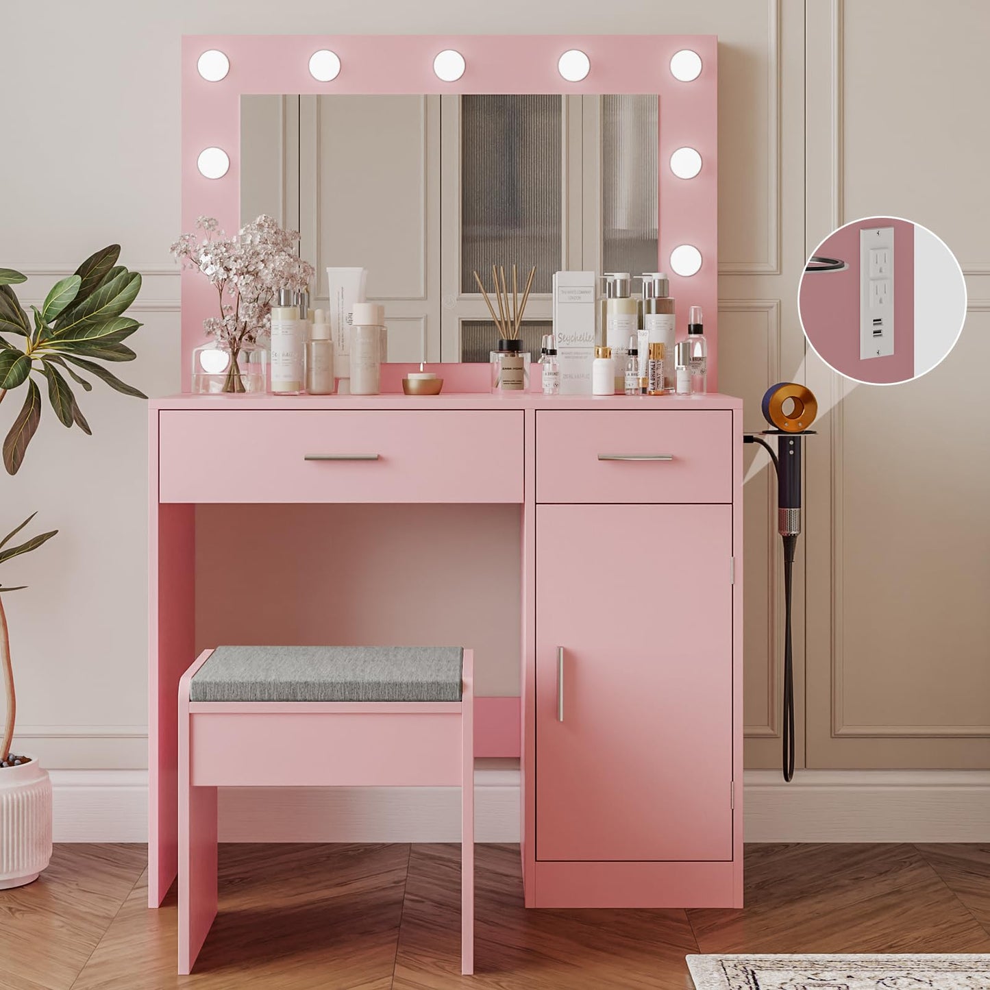 Viaozutis Vanity, Vanity Desk with Mirror, Large Drawer and Power Socket with 11 Light Bulbs and 3 Adjustable Lighting Modes, Vanity Table Ideal for Bedroom (Pink)