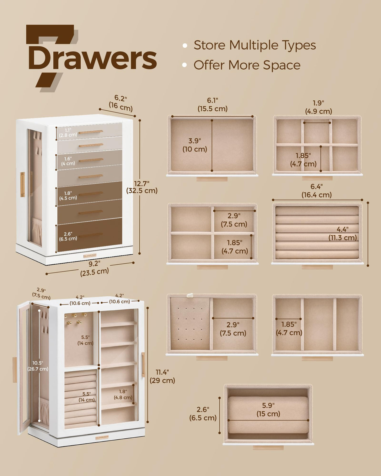 Glimmloop 360° Rotating Jewelry Box with 7 Drawers, Spacious Vertical Jewelry Organizer with Glass Window, Jewelry Storage Case, Dustproof & Moisture-resistant Design, White Glimmloop