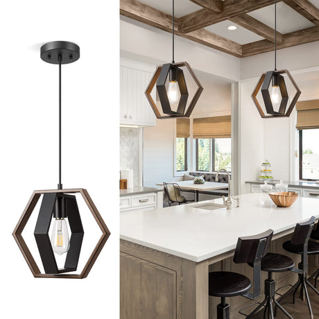 EDISHINE Pendant Lights for Kitchen Island, Farmhouse Hanging Light Fixture with Wood Grain and Black Finish, Adjustable Height Pendant Light for Kitchen Table, Hallway, Entry, cULus Listed EDISHINE