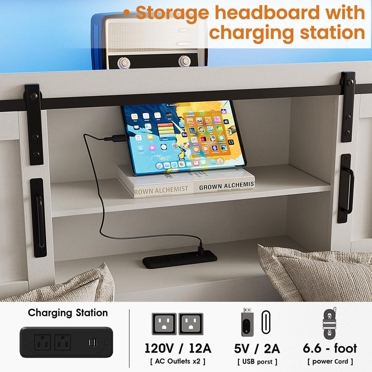 Fameill Farmhouse Queen Size Bed Frame with Headboard and Storage Ottoman, Sliding Barn Door & 4 Drawers, LED Lights and Charging Station, No Box Spring Needed, Antique White Fameill