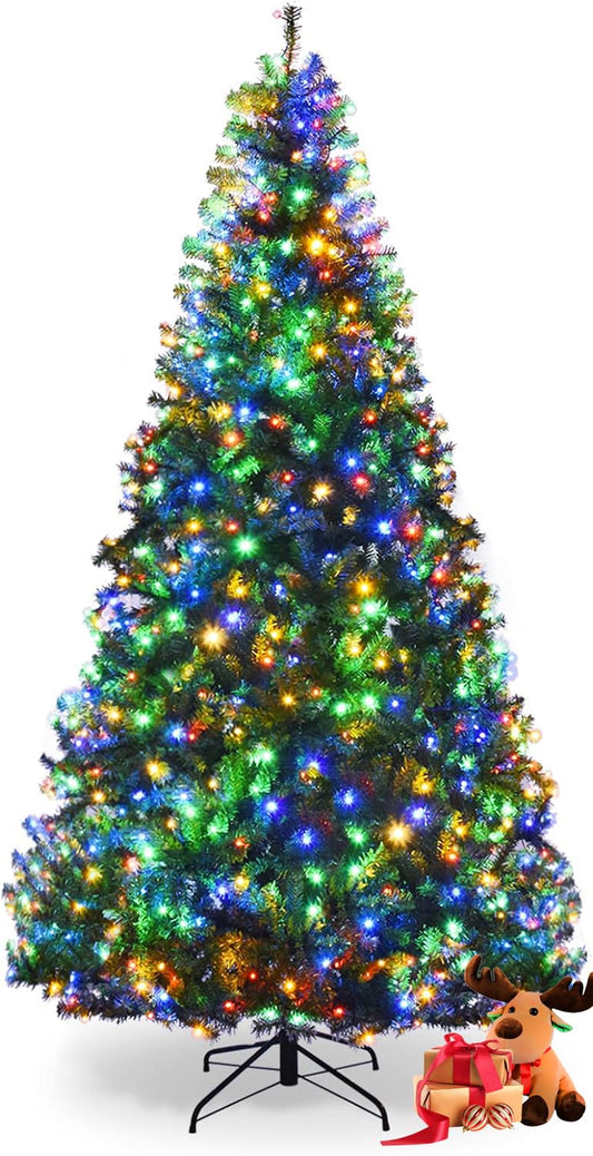 DREAMADE 8ft Prelit Christmas Tree, Xmas Tree with 2128 PVC Branch, 750 Pre-Strung Dual-Colored LED Lights, 11 Lighting Modes & Foldable Base, Artificial Christmas Trees for Home, Party, Holiday Decor