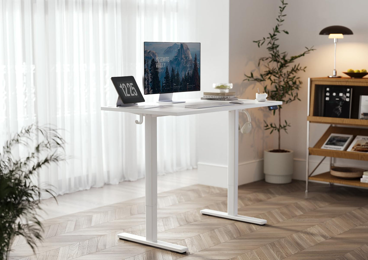 Seang Electric Standing Desk with Adjustable Height, 40x24 Inch Stand Up Desk, Sit Stand Desk with Splice Board for Home Office Computer Workstation, White Frame/White Top Seang