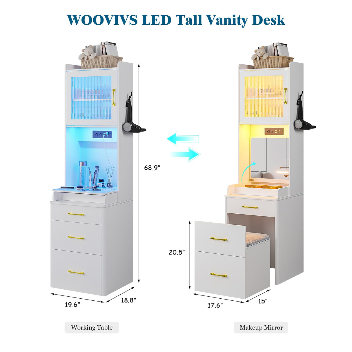 WOOVIVS Small Vanity Desk with Plip-up Mirror and Lights, Makeup Vanity Dresser with Charging Station, LED Vanities Dressing Table Set with Drawers&Stool for Bedroom，Checkroom (White,1PCS) WOOVIVS