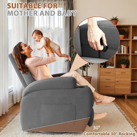 Flamaker Swivel Rocker Recliner Chair with Vibration Massage, 360° Swivel Recliner Chairs for Adults Ergonomic Lounge Chair with Cup Holders Lazy Boy Recliner Single Sofa Seat (Fabric, Gray) Flamaker