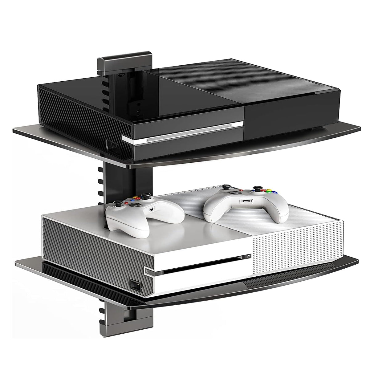 Suptek Glass Floating Shelves, TV Wall Mount with Shelf for DVD Player / PS4 / Cable Boxes/Game Consoles/Sky Box/TV Accessories, Flat Black 2-Tier Wall Mount Bracket suptek