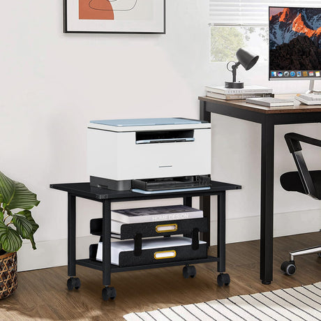 Lerliuo Under Desk Printer Stand, 2-Tier Industrial Mobile Printer Table with Storage Shelf and Steel Frame, Rolling Printer Cart Holder with Lockable Wheels for Home, Office (Black) Lerliuo