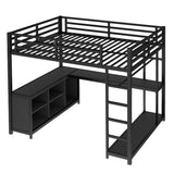 Bellemave Queen Size loft Bed with L Desk, Wardrobe, Metal Queen Loft Bed Frame for Adults, Kids, Teens, Black Bellemave
