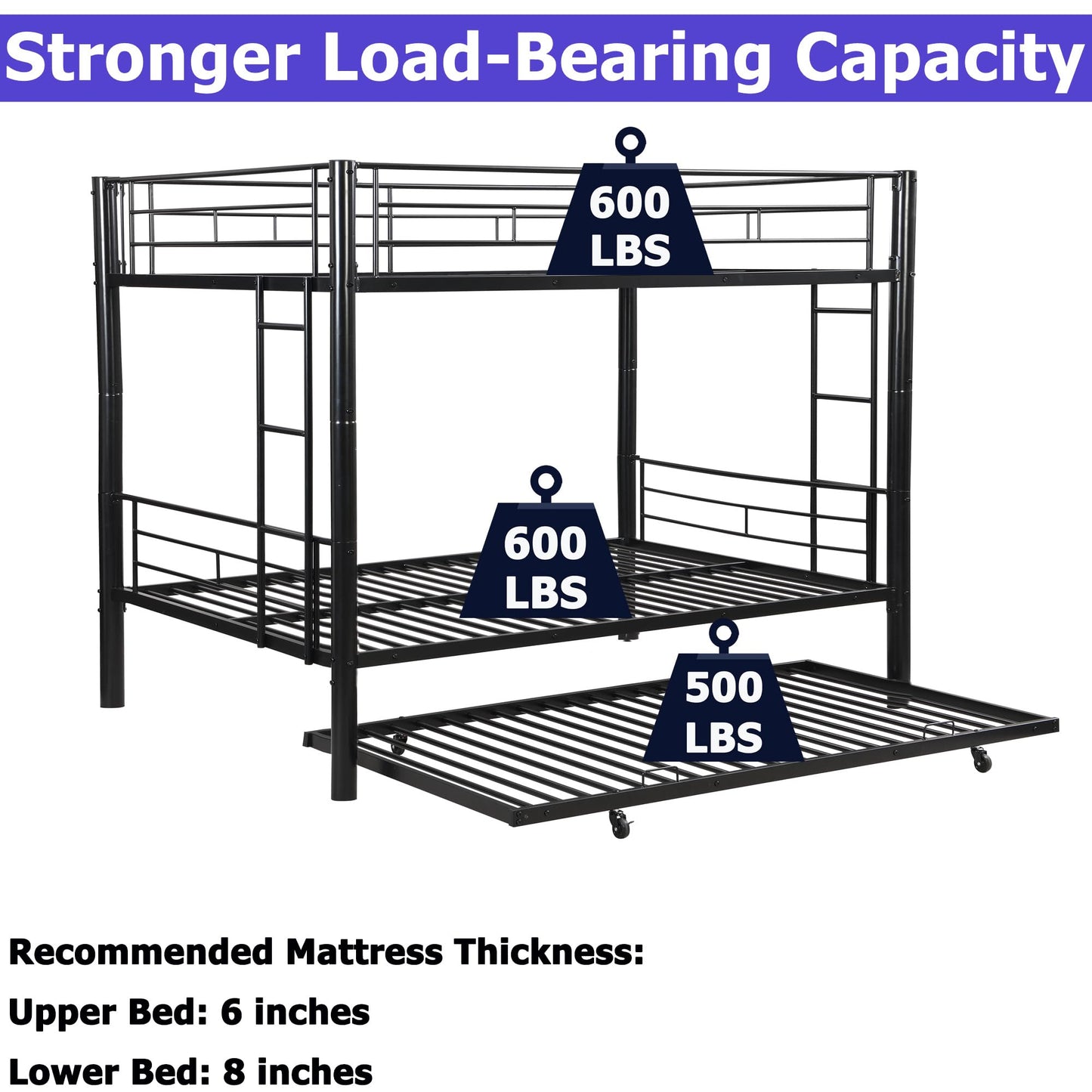 ZMIZAKOY Heavy Duty Full Over Full Bunk Bed with Trundle for Kids Adults Teens, Metal Bunk Bed with Sturdy Guard Rail & 2 Side Ladders, Convertible Bunkbed, No Box Spring Needed (Black)