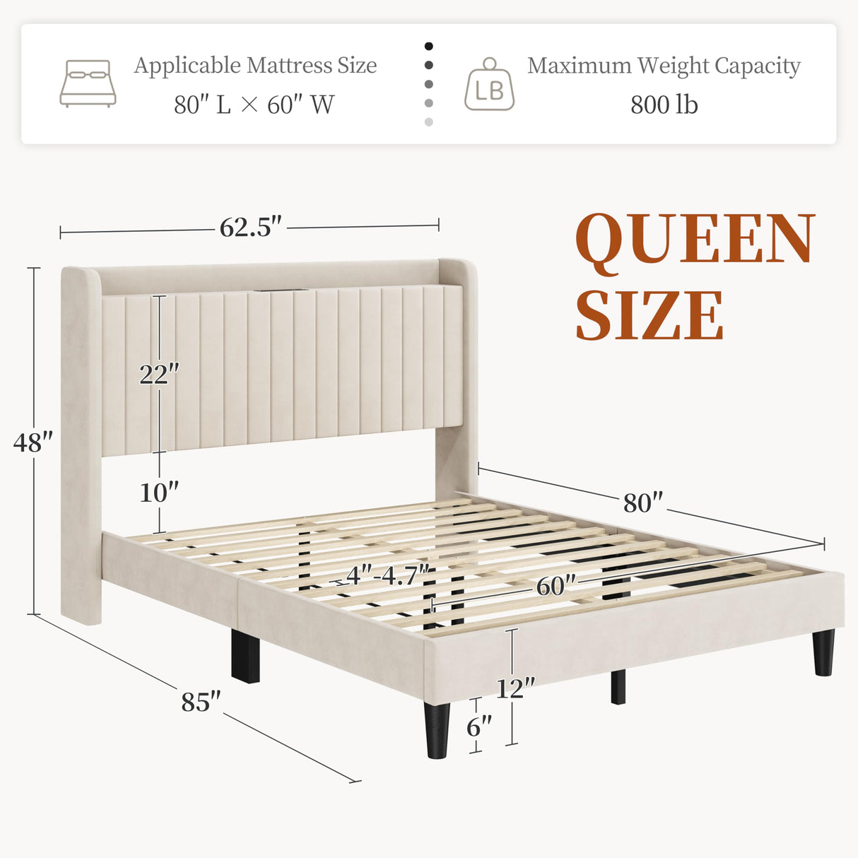 Yaheetech Queen Bed Frame with Headboard, Upholstered Headboard with Charing Station and Storage Shelf, Platform Bed Frame, No Box Spring Needed, Easy Assembly, Beige Yaheetech