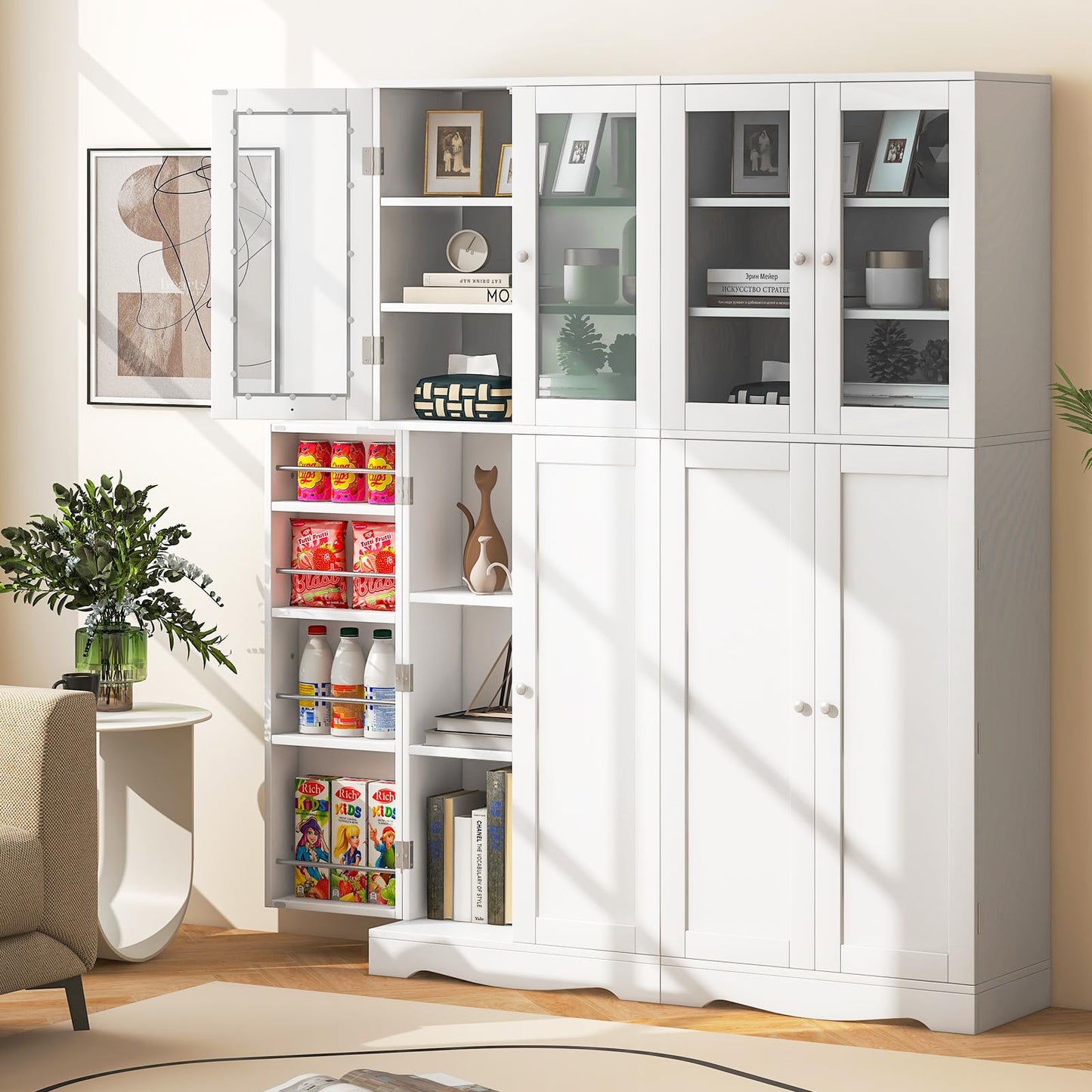 Giantex Pantry Organizers and Storage, 63.5” Tall Kitchen Cabinet, Food Buffet Cupboard with Glass Doors, Shelves with Baffle, Wooden Freestanding Sideboard for Dining Room Living Room (White)