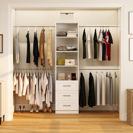 secilix Closet System, 5FT-8FT Closet Organizer System with 4 Expandable Hanging Rods and Moveable Shelves, 99" Walk in Closet System with 3 Wooden Drawers, Custom Built in Closet, Wall Mount (White) secilix