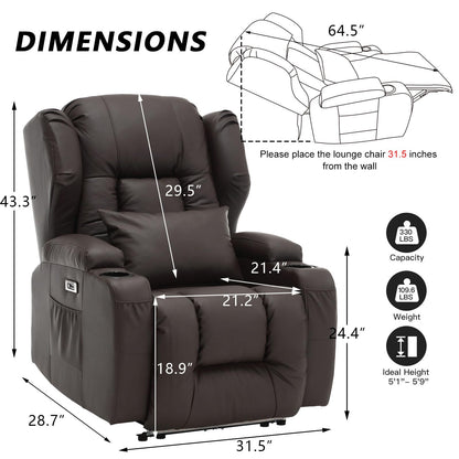 IPKIG Power Recliner Chair for Adult with Massage and Heat - Home Theater Seating Seats Power Movie Gaming Sofa with LED Lights, Cup Holders and Lumbar Pillow for Living Room, Faux Leather, Brown