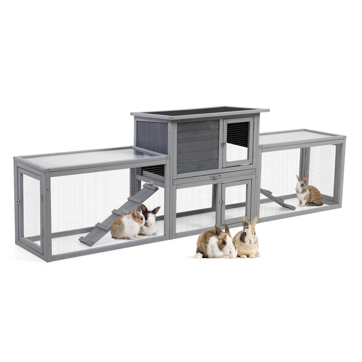 COZIWOW Rabbit Hutch Outdoor, 94.5" Extra Large Bunny Hutch, 2-Story Wooden Rabbit Cage Indoor for 2 or More Bunnies with Pull-Out Tray & Weatherproof Roofs (Grey) COZIWOW