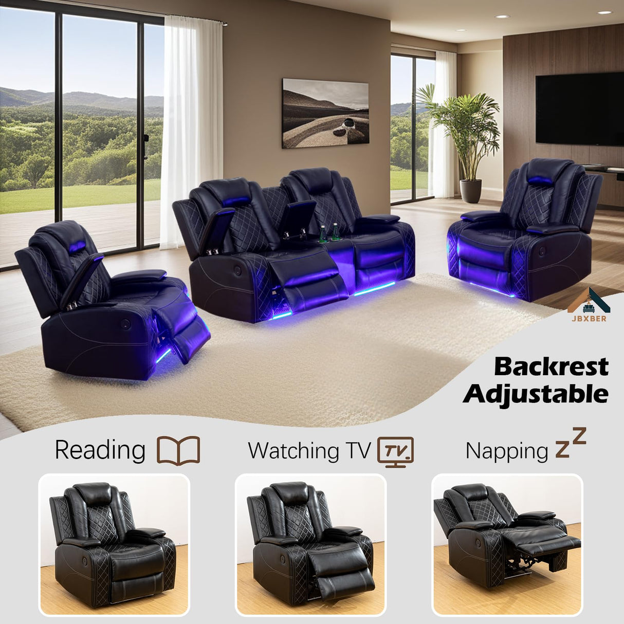 JBXBER Power Recliner Sofa Set with LED Lights, Black Leather Reclining Couch Sets with Storage Console, USB Ports, Cup Holder, Home Theater Seating, Living Room Furniture(2 Chairs and a Loveseat) JBXBER