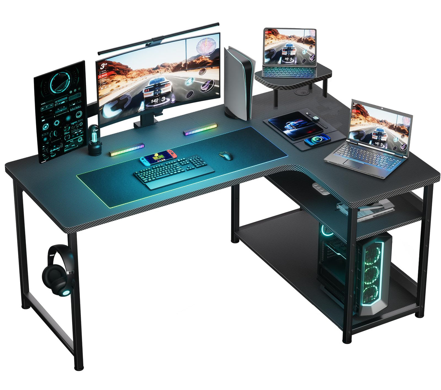 GTRACING L Shaped Gaming Desk, Carbon Fiber Style Computer Desk Compatible with Monitor Arm Storage Shelves Corner Desk Gaming Table for Home Office Desks Easy to Assemble Adjustable Shelf Height