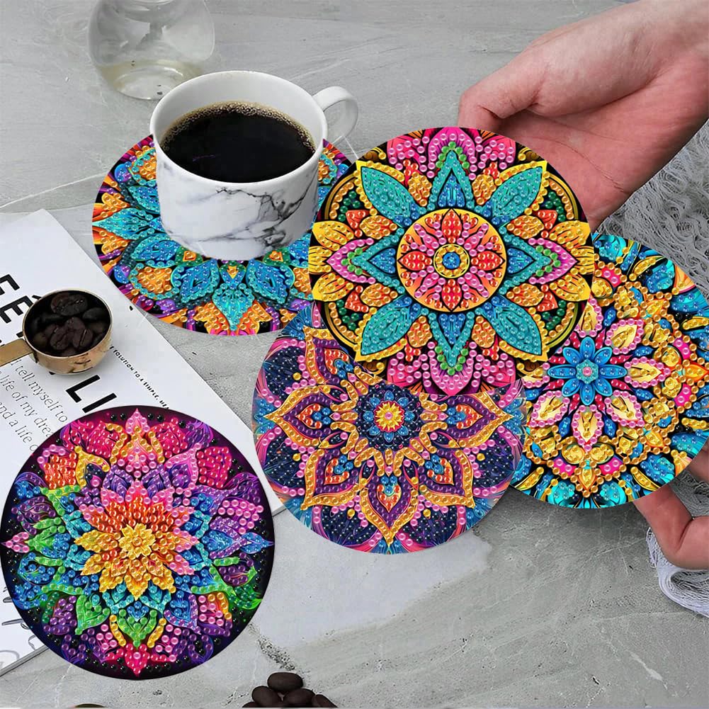ijbnhd Mandala Diamond Art Coasters Kits for Adults, 8 Pieces Mandala Diamond Painting Coasters with Holder for Beginners 4X4inch (Cork Wooden Pad) ijbnhd
