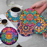 ijbnhd Mandala Diamond Art Coasters Kits for Adults, 8 Pieces Mandala Diamond Painting Coasters with Holder for Beginners 4X4inch (Cork Wooden Pad) ijbnhd