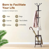 Hoctieon Coat Rack Freestanding, Coat Tree with Umbrella Holder, Metal Coat Rack Stand with 12 Hooks, Standing Coat Hanger Stand, Umbrella Stand for Entryway, Hat Rack Stand for Home Office, Brown Hoctieon