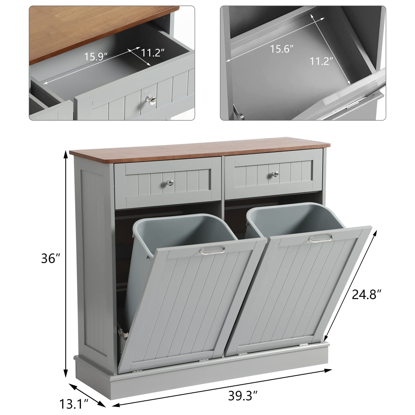 KIGOTY Dual Kitchen Trash Cabinet, Double Tilt Out Trash Can Cabinet with Countertop and Drawer, Free-Standing Pet Proof Recycling Cabinet Garbage Can Holder (Gray, 36" H) - WoodArtSupply