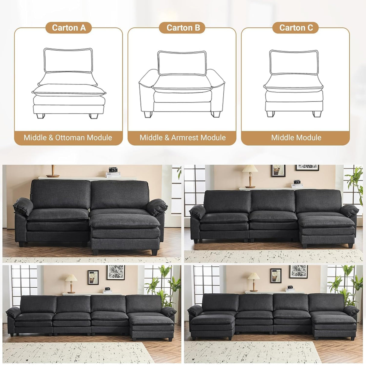VINGLI 121" Cloud Linen Couch, Comfy Modular Sectional Sofa Set for Living Room,Modern 3-Seat Convertible Loveseat Sofa with 1 Ottoman for Small Space, Black VINGLI