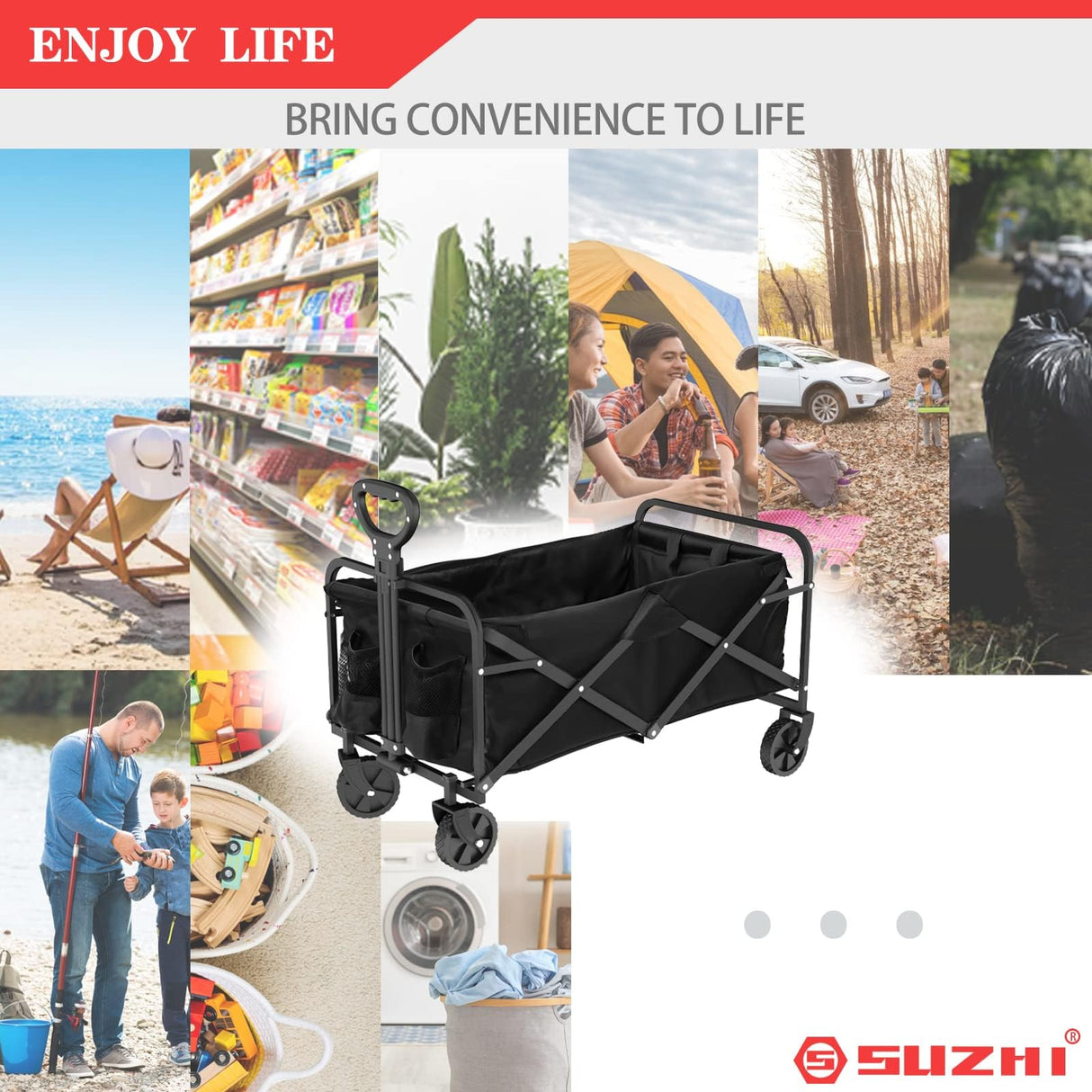 SUZHI Small Foldable Wagon & shopping carts with wheels for Groceries, Black Wagon Carts Foldable, Apartment wagon, Garden Wagon, Grocery Wagon, Collapsible Wagon Lightweight Black (8 colors optional) SuZhi