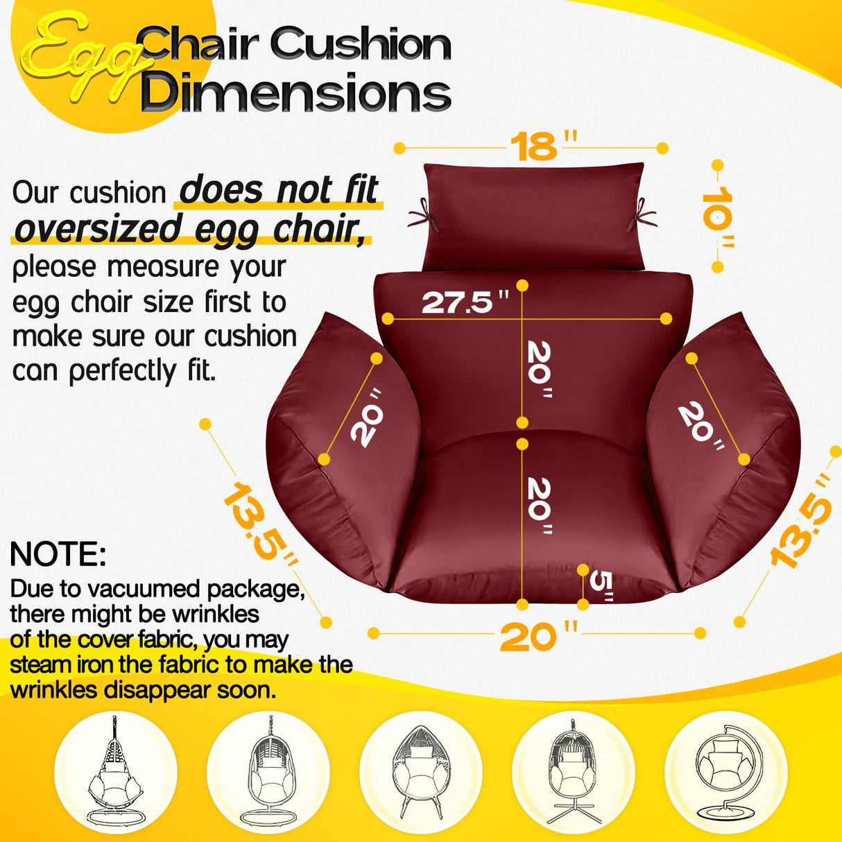 MAGIC ELEPHANT Egg Chair Cushion, Memory Foam Indoor Outdoor Hanging Egg Chair Cushion Replacement, Patio Basket Swing Cushion with Headrest (Red) MAGIC ELEPHANT