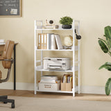 Rolanstar Bookshelf 4 Tier with 4 Hooks, Industrial Wood Bookcase, Vintage Storage Rack with Open Shelves, Rustic Standing Bookshelves Metal Frame Display Rack for Living Room, Bedroom, White Rolanstar
