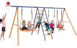 Swing Sets for Backyard, 6 in 1 Swing Set Outdoor for Kids 3-12, 700 lbs Heavy Duty Metal Toddler Playset Swingset for Playground with 3 Adjustable Swings, Basketball Hoop, Climbing Ladder and Nets Soldow