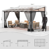 Gotland 10FTx14FT Outdoor Wall-Mounted Hardtop Pergola, Metal Frame Gazebo with Sloping Sun Panel Roof and Double Curtains for Patio, Garden, Lawn, Grey Gotland