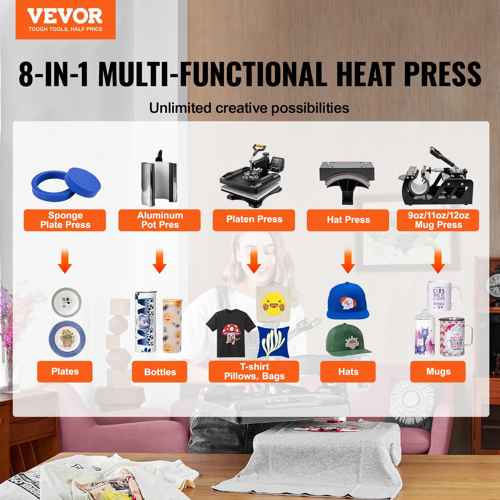 VEVOR Heat Press Machine 8 in 1 Combo - 15x15 Tshirt Press Machine with Tumbler Press, 360° Swing Away Digital Multifunction Heat Transfer Sublimation for Printing T Shirts Mug Hat Plate Cap, - WoodArtSupply