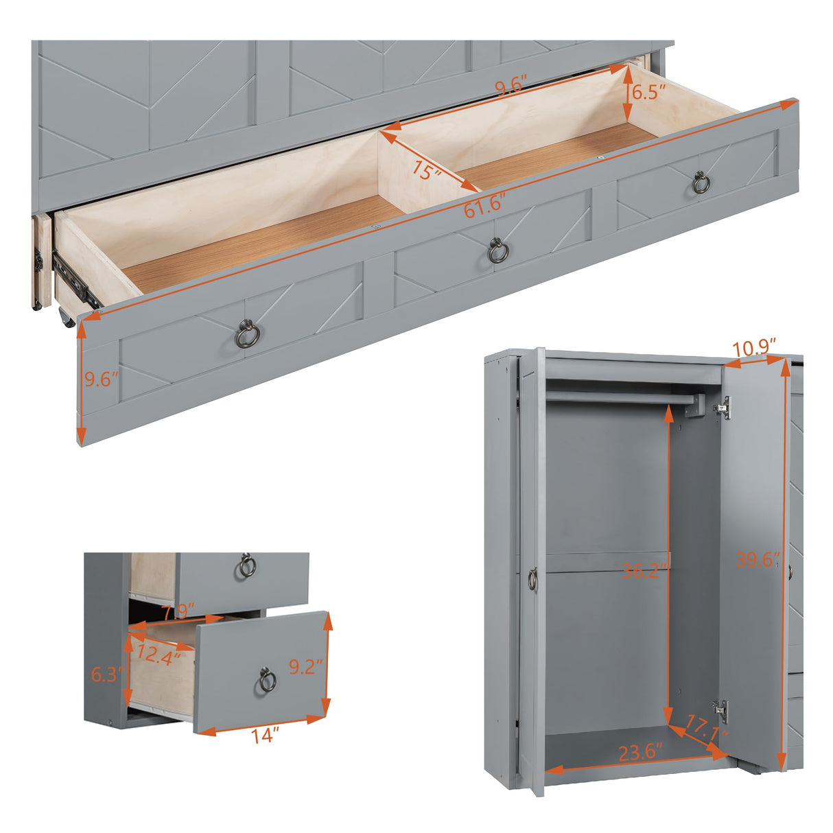 Harper & Bright Designs Queen Size Murphy Bed with Desk, Wooden Queen Murphy Bed with USB Port, Large Drawer and Wardrobe, Gray Harper & Bright Designs