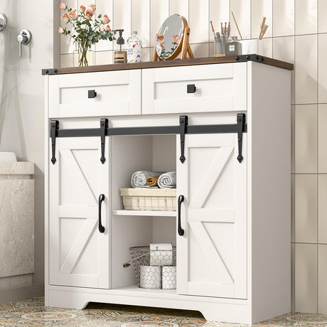 Befrases Farmhouse Storage Cabinet, Bathroom Cabinet with 2 Sliding Barn Doors, Floor Storage Cabinets with Adjustable Shelves and 2 Drawers for Kitchen, Living Room, Dining Room, White Befrases