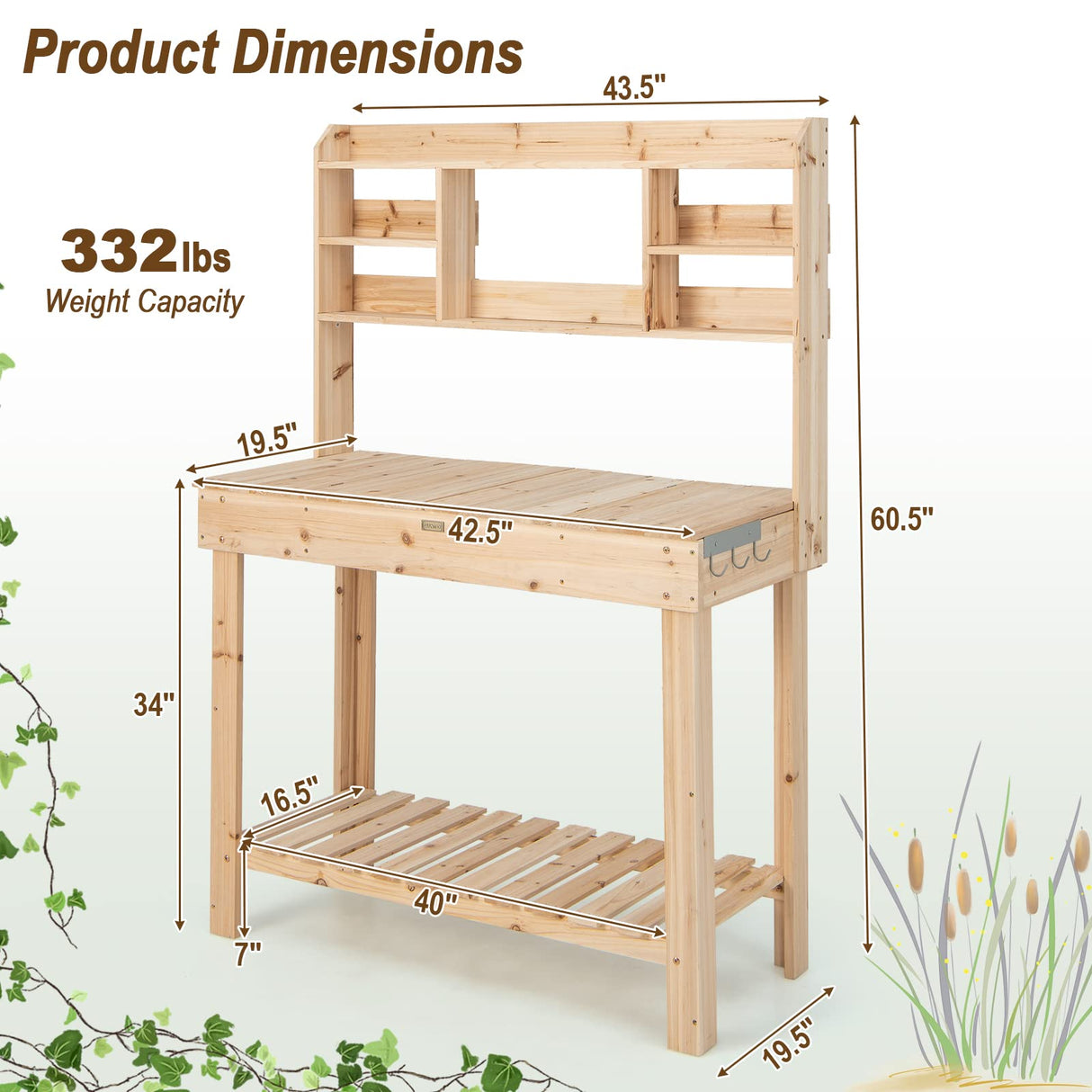 Giantex Garden Potting Bench Table, Large Workbench Table with Shelves, Openable Tabletop Hidden Storage Cabinet, 3 Hooks, Outdoor Wooden Workstation for Patio Garden Garage, 43.5"x19.5"x 60.5" Giantex