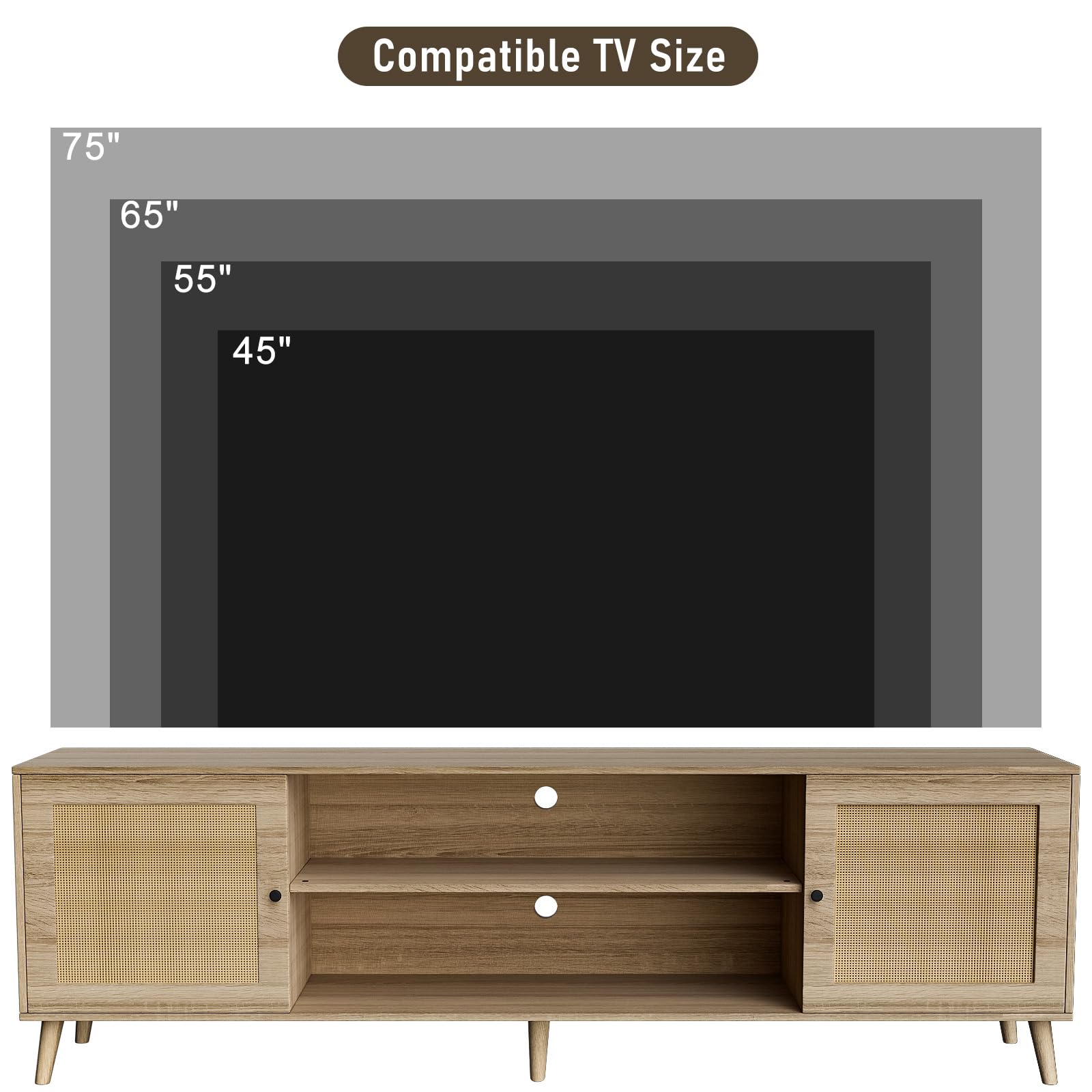 GEBAROW TV Stand for 75+ Inch TV, Entertainment Center with Adjustable Shelf, Rattan TV Console with 2 Storage Cabinets, Mid Century Modern TV Console Table for Living Room Bedroom - WoodArtSupply