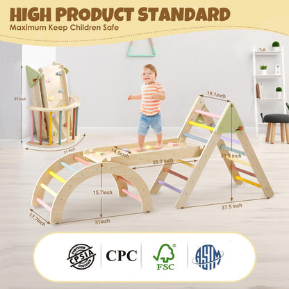 Pikler Triangle Set 7in1 Montessori Climbing Set, Foldable Climbing Toys for Toddlers 1-3 Inside, Wooden Pikler Triangle Climbing Set with Arch&Ramp&Ladder, Pickler-3 Piece Baby Climbing Gym Indoor