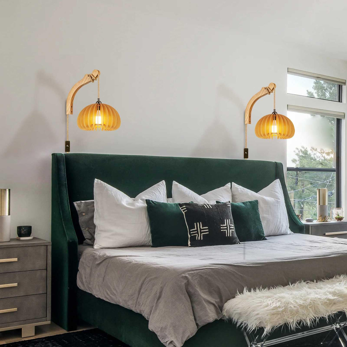 Wood Lantern Plug in Wall Sconces, Wicker Brackets Wall Lamp with Plug in Cord Hand Woven Rattan Bedside Reading Light, Wooden Globe Pumpkin Shade Hemp Rope Hanging Lamp for Living Room Bedroom ArcoMead