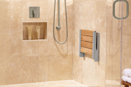 Moen Bath Safety Furniture Wood Home Care Teak Wood Aluminum Folding Shower Seat, Wall Mounted Shower Bench, DN7110 Moen
