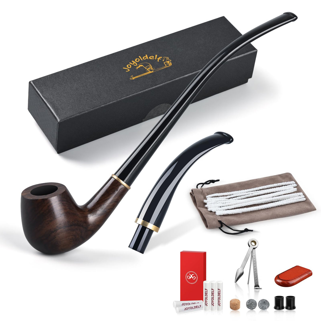 Joyoldelf Ebony Tobacco Pipe Set - Handmade Smoking Pipe with Replaceable Stem, Wood Pipe with Pipe Stand, 9mm Filter and Smoking Accessories, Pipe Starter Kit with Gift Box for Beginner Joyoldelf