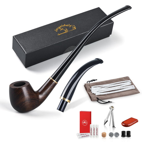 Joyoldelf Ebony Tobacco Pipe Set - Handmade Smoking Pipe with Replaceable Stem, Wood Pipe with Pipe Stand, 9mm Filter and Smoking Accessories, Pipe Starter Kit with Gift Box for Beginner Joyoldelf