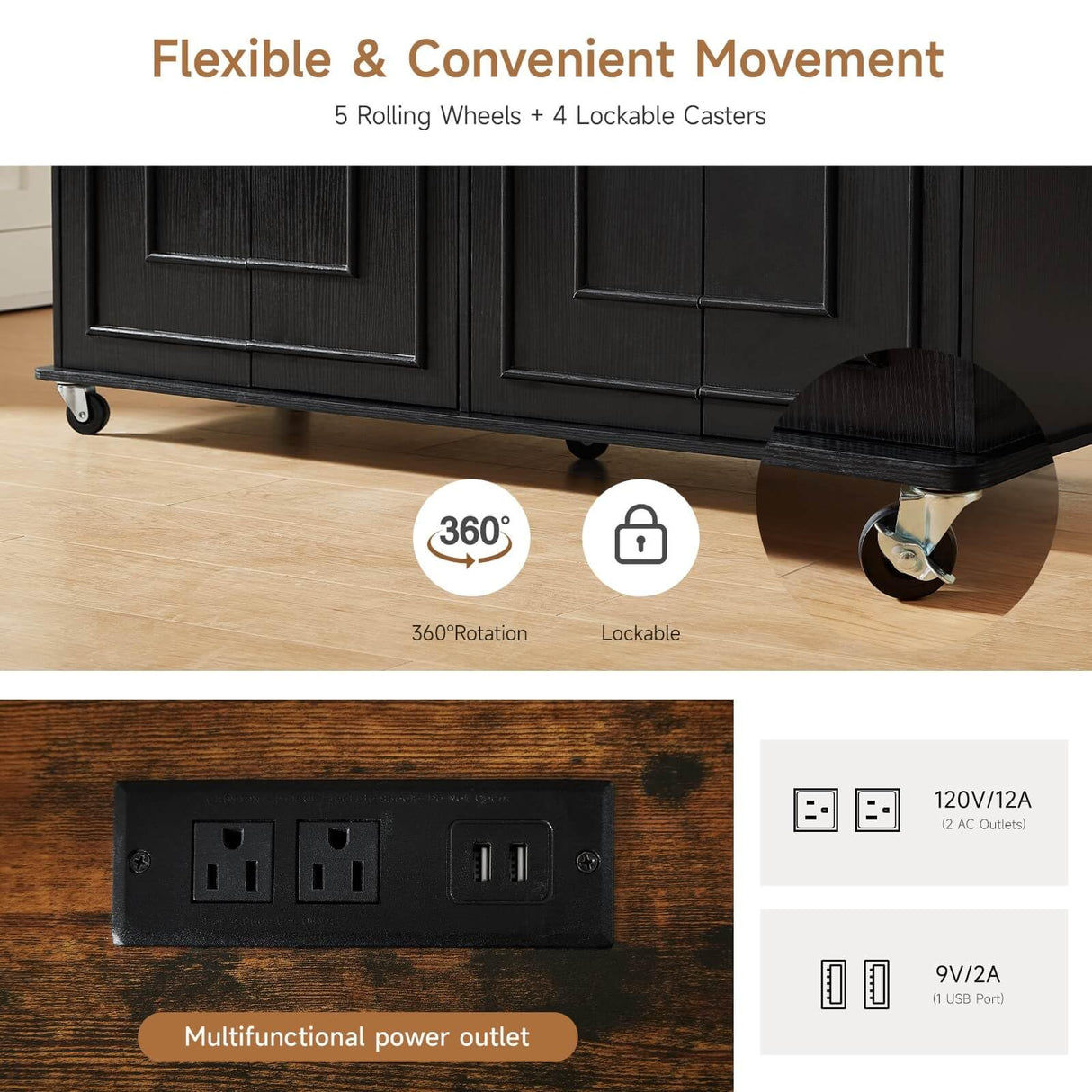 ONBRILL 58" Mobile Kitchen Island, Kitchen Island Cart with Power Outlet, Island Table for Kitchen, Home Bar Carts with Storage, Kitchen Rolling Island with Spice Rack & Towel Rack & Knife Holder ONBRILL