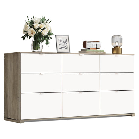WLIVE 9 Drawer Dresser for Bedroom, 63" Wide Large Wood Chest of Drawers Organize with Sturdy Metal Handle, Modern Dresser for TV Stand, Living Room Office, Hallway, Ball Bearing Slide, Grey Oak WLIVE