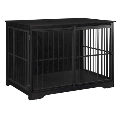 Hzuaneri Dog Crate Furniture, 44.1" Double Door Dog Crate with Barn Door, Dog Kennel Indoor, End Side Table Wooden Dog Crate for Small Medium Large Dog, Anti-Chew Anti-Escape, Black