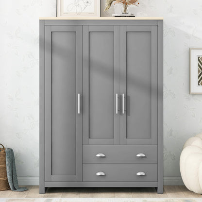 Merax Wooden Wardrobe Closet Organizer with 2 Big Drawers, Hanging Rails and Shelve, 3 Doors Decent Armoire Functional Clothes Storage Cabinet for Bedroom & Living Room, Gray - WoodArtSupply