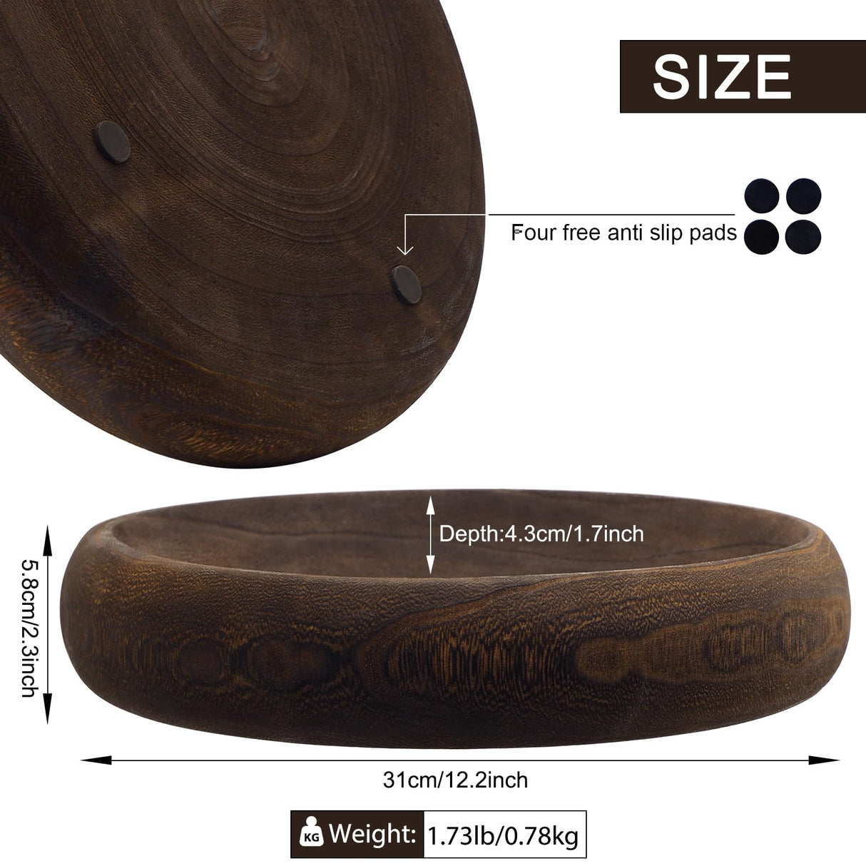 SAMGUYUE Wooden Bowls Round Decorative Paulownia Wood Centerpiece Bowls for Home Decor Blackened Fruit Bowl for Coffee Table Key Tray for Entryway Moss Holder (Black) SAMGUYUE