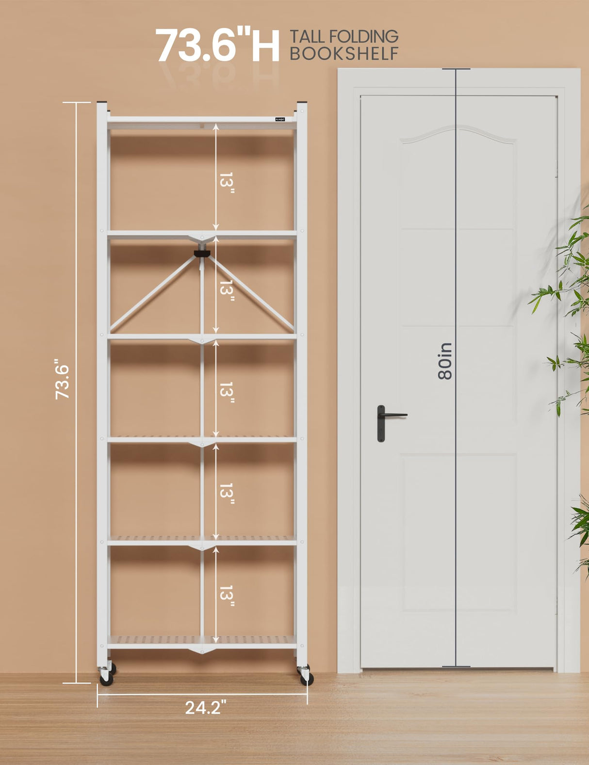 ALANNG 73.6 Inch Folding Bookshelf, 6 Tier Metal Bookcase and Bookshelves, Tall Shelves for Living Room Office Bedroom, Heavy Duty Book Shelve Free Standing Open (White, 1PACK) ALANNG