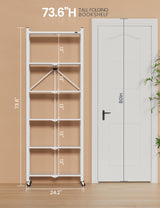ALANNG 73.6 Inch Folding Bookshelf, 6 Tier Metal Bookcase and Bookshelves, Tall Shelves for Living Room Office Bedroom, Heavy Duty Book Shelve Free Standing Open (White, 1PACK) ALANNG