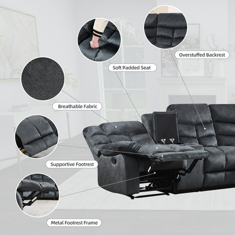 EBELLO Manual Reclining Sectional Sofa Set for Living Room, Soft Fabric Recliner Corner Sectional Couch with Center Console, Cup Holder and Storage, Grey EBELLO
